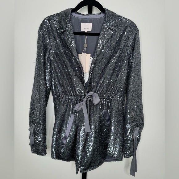 Cinq à Sept Mathieu Ribbon Detail Sequin Jacket -Shimmering Elegance in Gunmetal - Picture 1 of 10